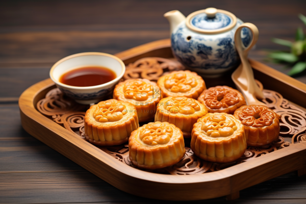 中秋木质托盘餐具上摆放着的月饼和茶壶杯子摄影图