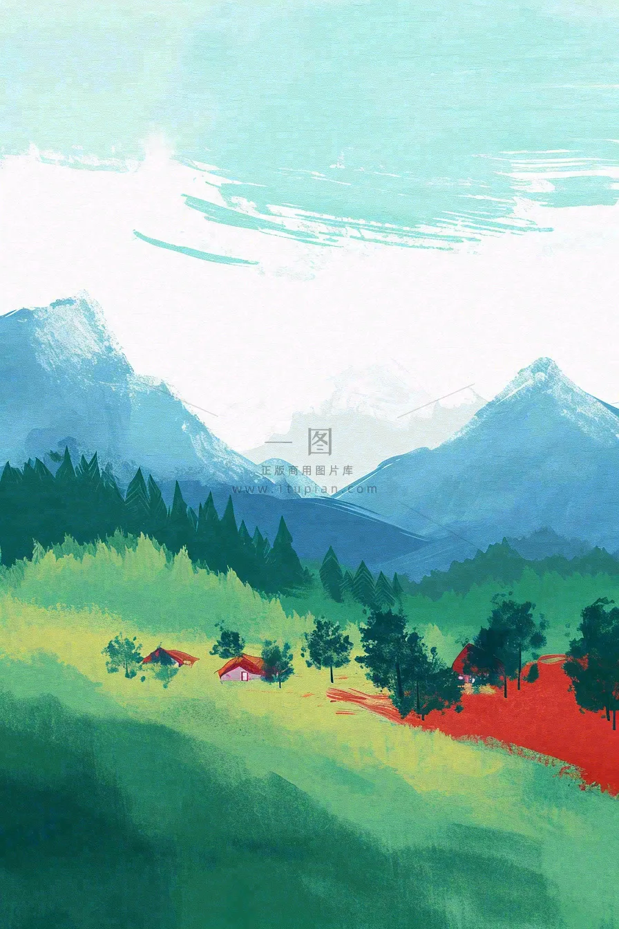 春天郊外绿地草地山脉石头插画手绘，惊蛰春分