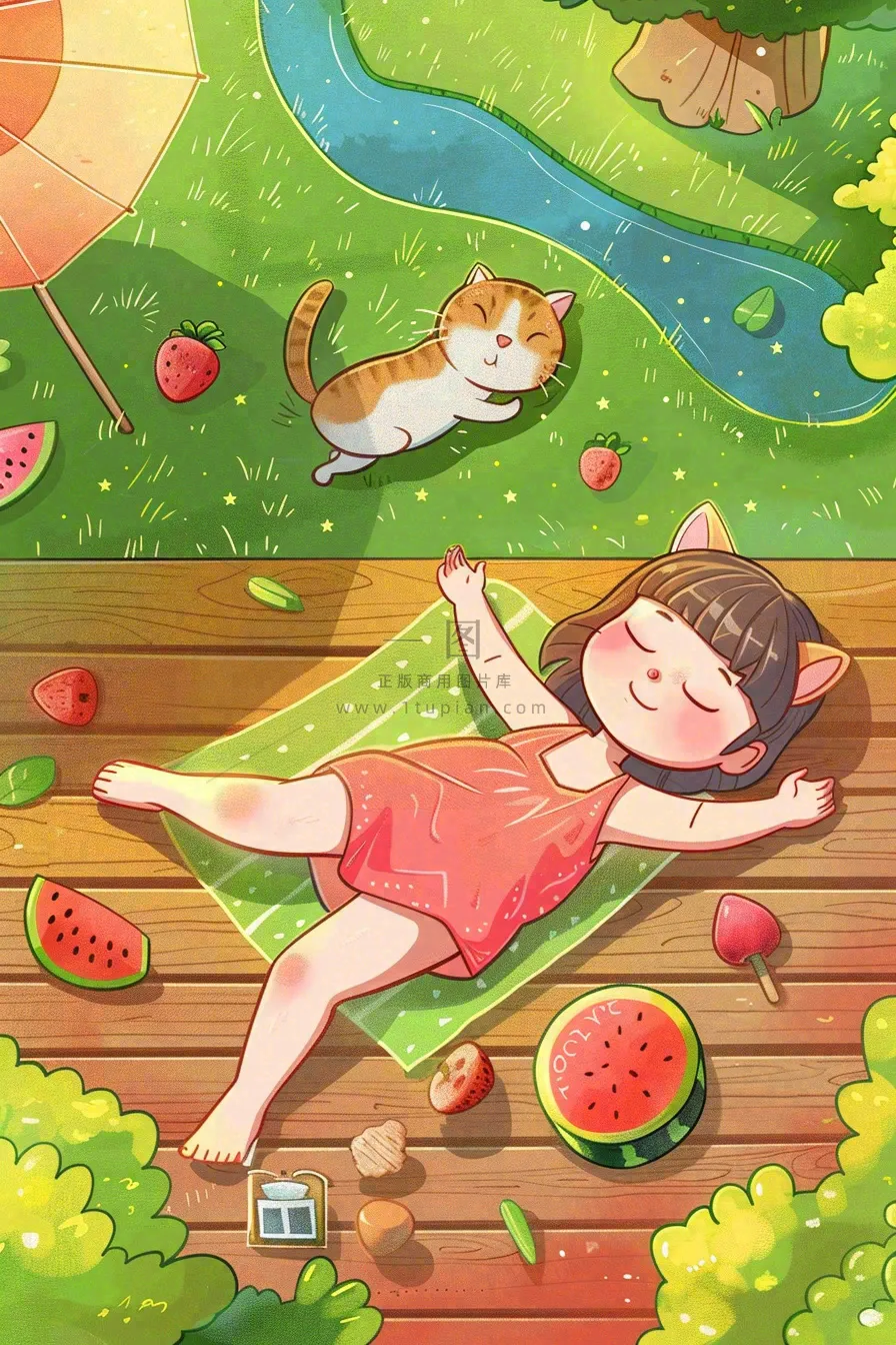 夏季乘凉吃西瓜场景女孩躺着庭院大暑小暑插画炎热插画背后
