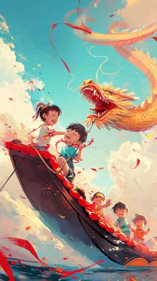 海面上龙船开船手绘插画，孩子人物，蓝天白云古风