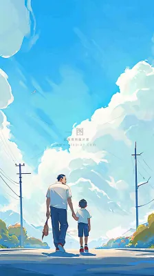 蓝天白云下父亲牵着手,父爱背影亲情伟大感恩 蓝天白云下父亲牵着手,父爱背影亲情伟大感恩