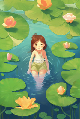 夏日女孩在睡莲荷叶水里玩水水里泛起碧波卡通插画