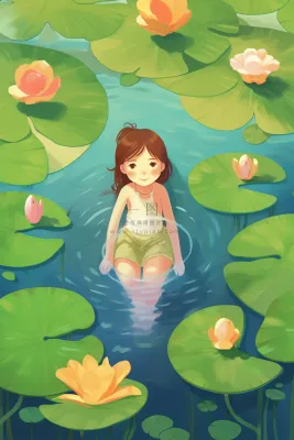 夏日女孩在睡莲荷叶水里玩水水里泛起碧波卡通插画