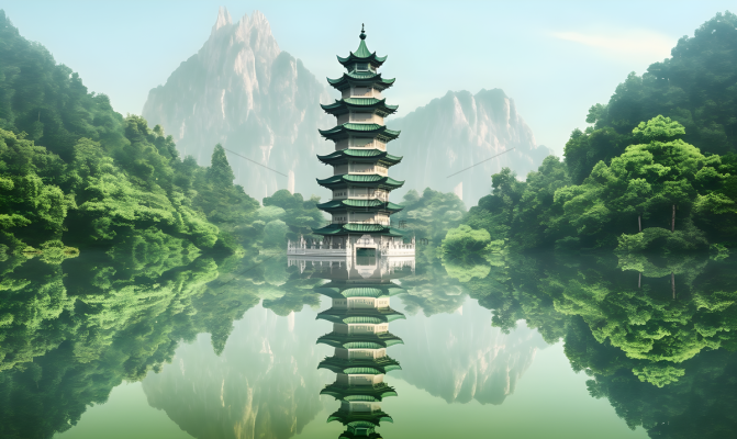 倒影水中的宝塔背后的树木山景风格摄影图