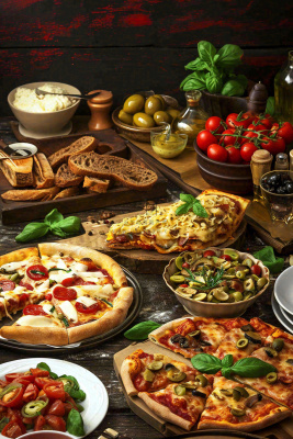 美食餐桌餐厅，烤肉披萨西餐水果红酒摄影图