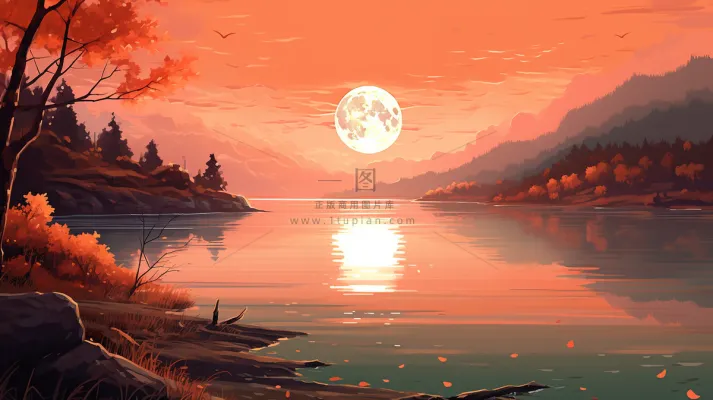 秋季夕阳下的森林湖泊倒映插画素材背景