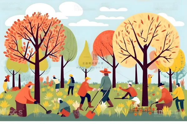 树林人物种植田园手绘插画海报素材背景