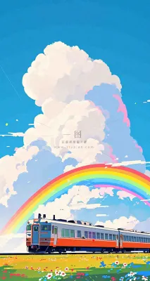 蓝天白云户外铁路草地彩虹手绘,色彩缤纷 蓝天白云户外铁路草地彩虹手绘,色彩缤纷