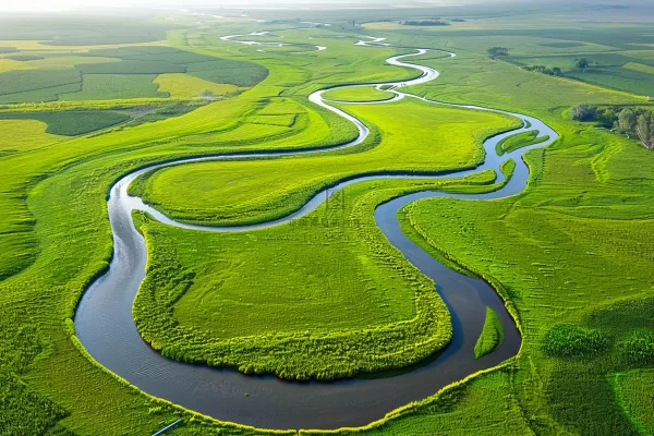 春天湿地草地河流绿意盎然摄影图