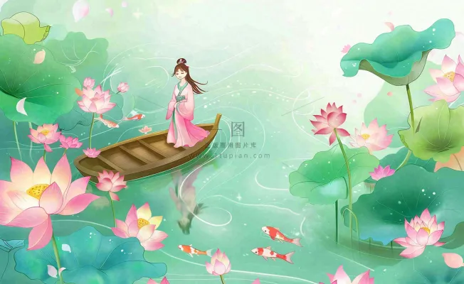 夏日清凉唯美荷花荷叶飘在水面古风少女乘小舟划船卡通人物插画处暑立夏小暑背景 夏日清凉唯美荷花荷叶飘在水面古风少女乘小舟划船卡通人物插画处暑立夏小暑背景