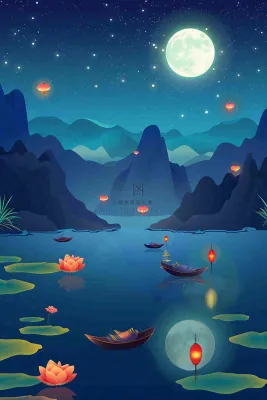 月圆之夜湖面莲花灯祈福星空中秋中元节插画背景