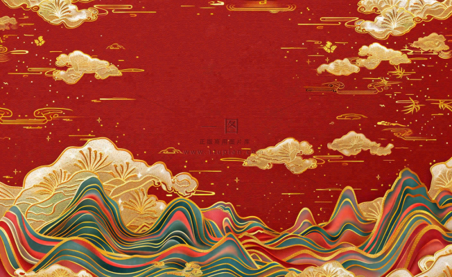 红色国潮风山川祥云喜庆元旦插画背景 红色国潮风山川祥云喜庆元旦插画背景