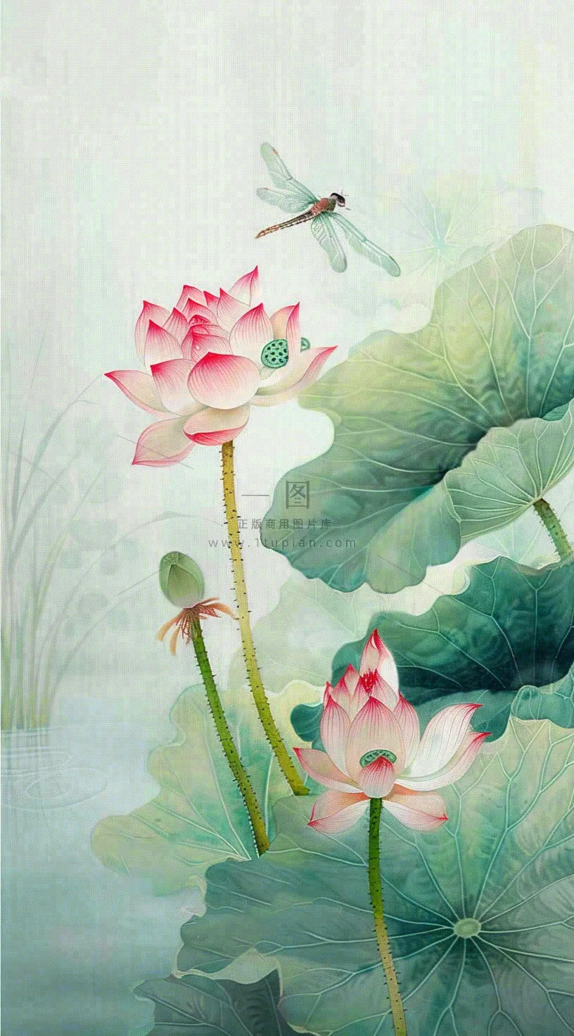 夏天荷花荷叶清凉小清新淡雅小暑大暑处暑插画背景