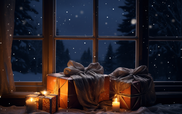 圣诞装饰喜庆礼物红色窗外下雪摄影图