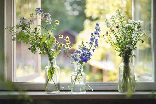 窗台花瓶鲜花清新春日景色摄影图