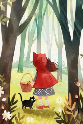 小红帽森林采蘑菇猫咪可爱童话儿童节卡通插画背景 小红帽森林采蘑菇猫咪可爱童话儿童节卡通插画背景