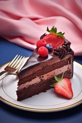巧克力蛋糕水果草莓树莓切块美食甜点摄影图