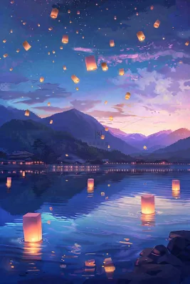 夜晚点灯孔明灯祈福中元节寒衣节插画背景 夜晚点灯孔明灯祈福中元节寒衣节插画背景