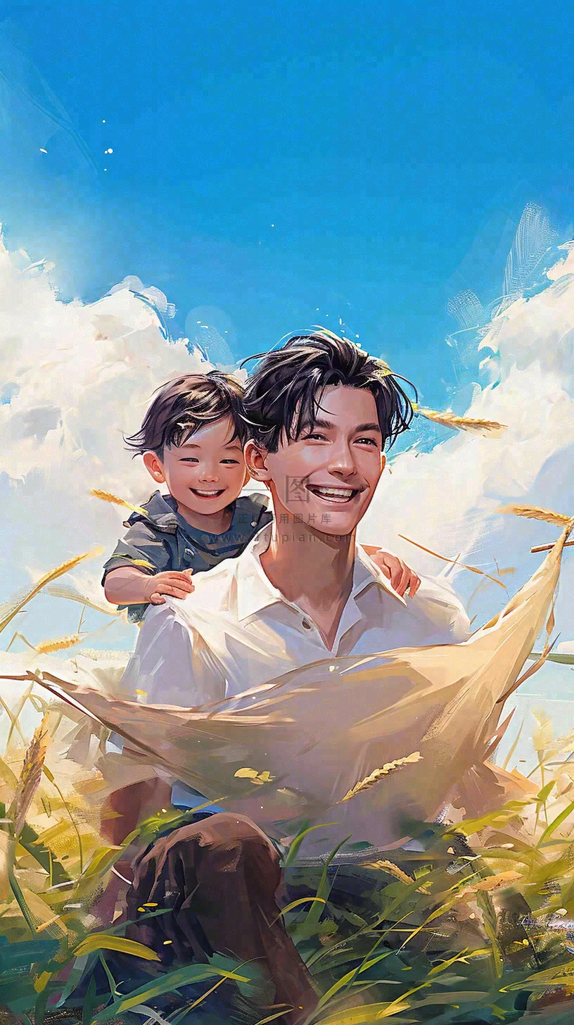 父亲节田间农村孩子游玩欢乐陪伴，父爱父子温馨插画