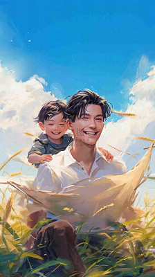 父亲节田间农村孩子游玩欢乐陪伴,父爱父子温馨插画 父亲节田间农村孩子游玩欢乐陪伴,父爱父子温馨插画