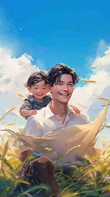 父亲节田间农村孩子游玩欢乐陪伴,父爱父子温馨插画 父亲节田间农村孩子游玩欢乐陪伴,父爱父子温馨插画