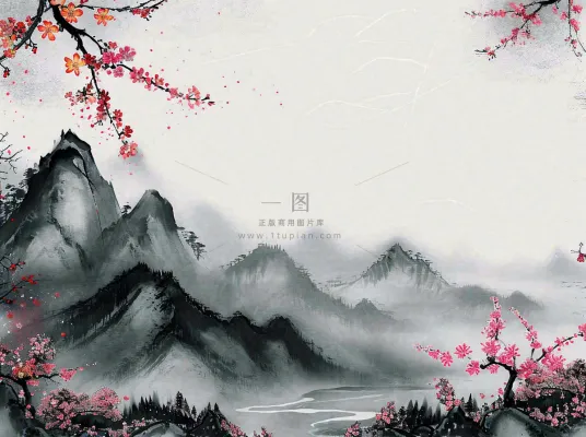 中国风水墨山水画，山脉枝叶花朵手绘插画