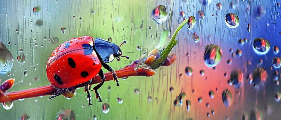 雨天雨水水珠上七星瓢虫动物爬行，彩色渐变摄影图