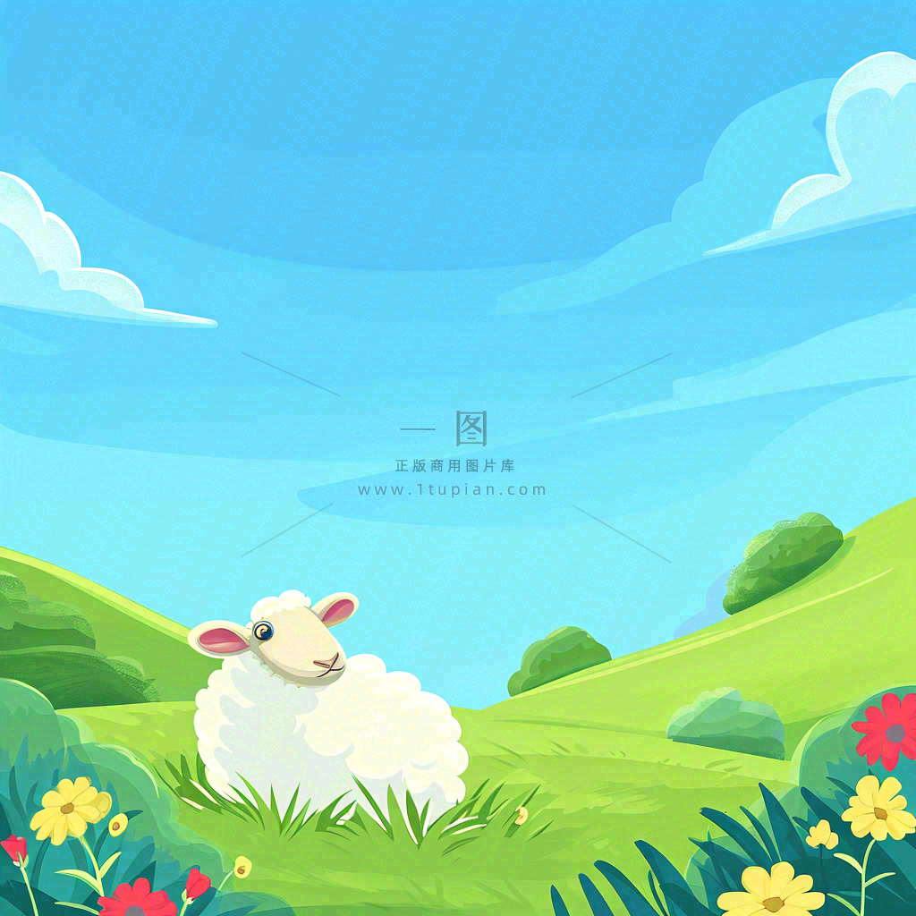 春天清新蓝天白云草地绵羊花朵扁平插画手绘