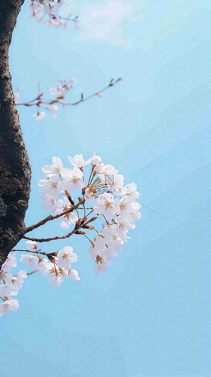 春天开满花朵的树冠仰拍蓝色天空，立春，春分摄影图