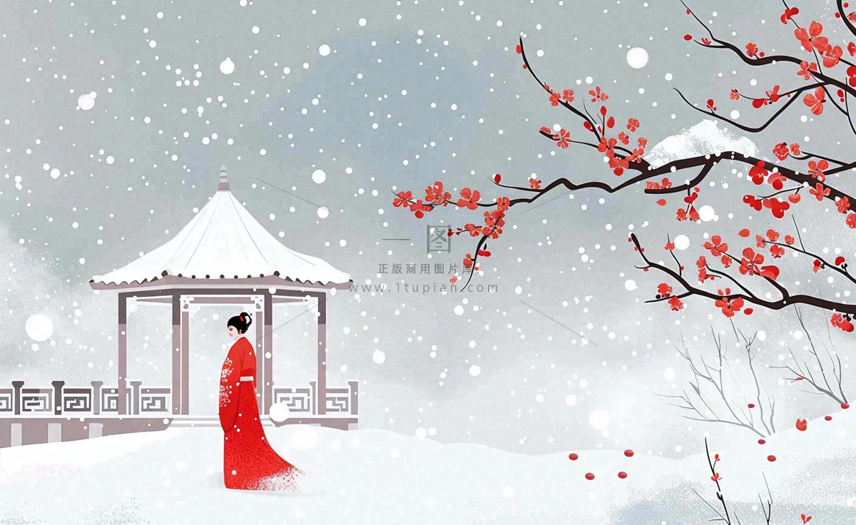 古风冬天雪景红衣女孩梅花雪地里的凉亭大雪小雪冬至中国风插画背景