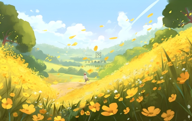 蓝天白云草坪草原人物黄色花朵手绘插画海报素材背景