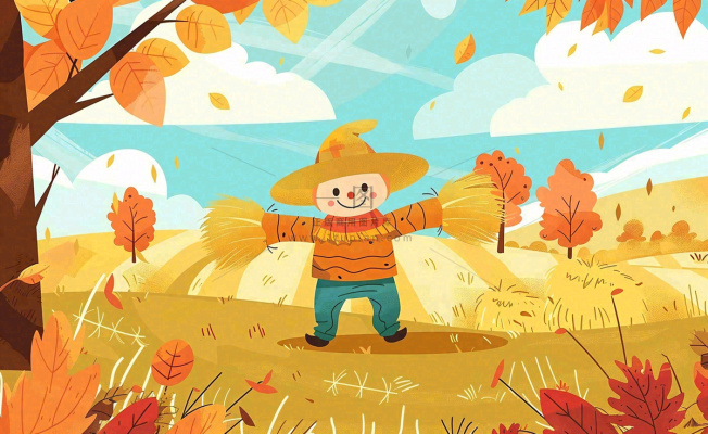 金秋稻田麦田稻草人秋风瑟瑟落叶立秋秋分处暑卡通插画背景 金秋稻田麦田稻草人秋风瑟瑟落叶立秋秋分处暑卡通插画背景