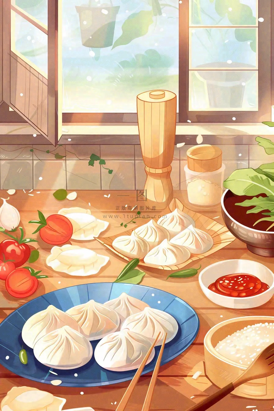 中国传统美食饺子蘸料冬天节日冬至插画背景
