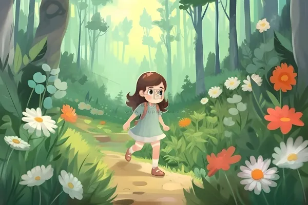 春天小女孩在森林里漫步奔跑草丛花手绘插画素材背景