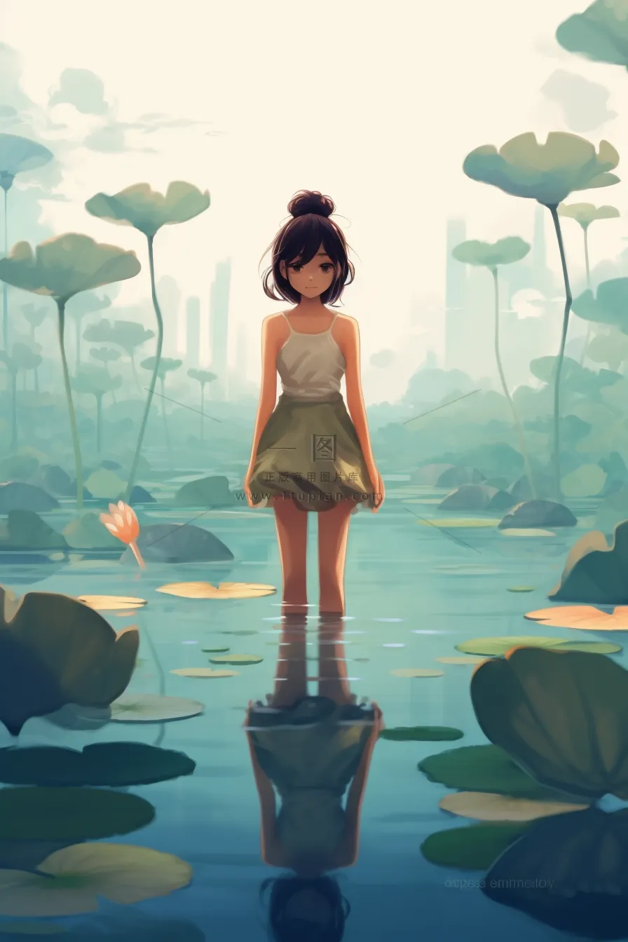 夏日女孩站在睡莲池里卡通插画素材