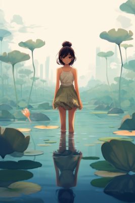 夏日女孩站在睡莲池里卡通插画素材