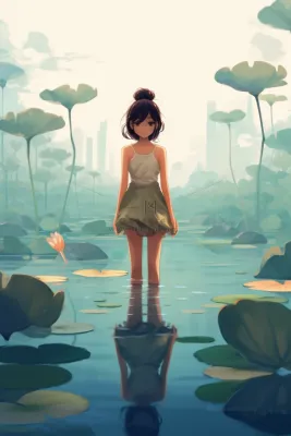 夏日女孩站在睡莲池里卡通插画素材