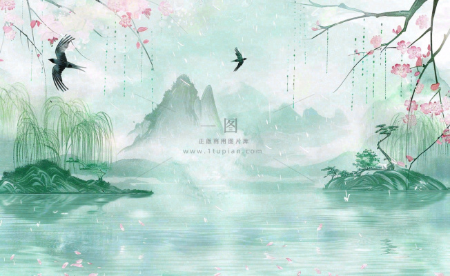 春天桃花柳树燕子清明山水国画中国风古风水雨水谷雨背景