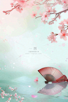 绿色清新春天唯美樱花扇子水彩插画背景