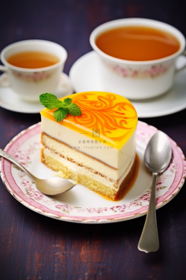 芒果慕斯蛋糕薄荷下午茶摄影图