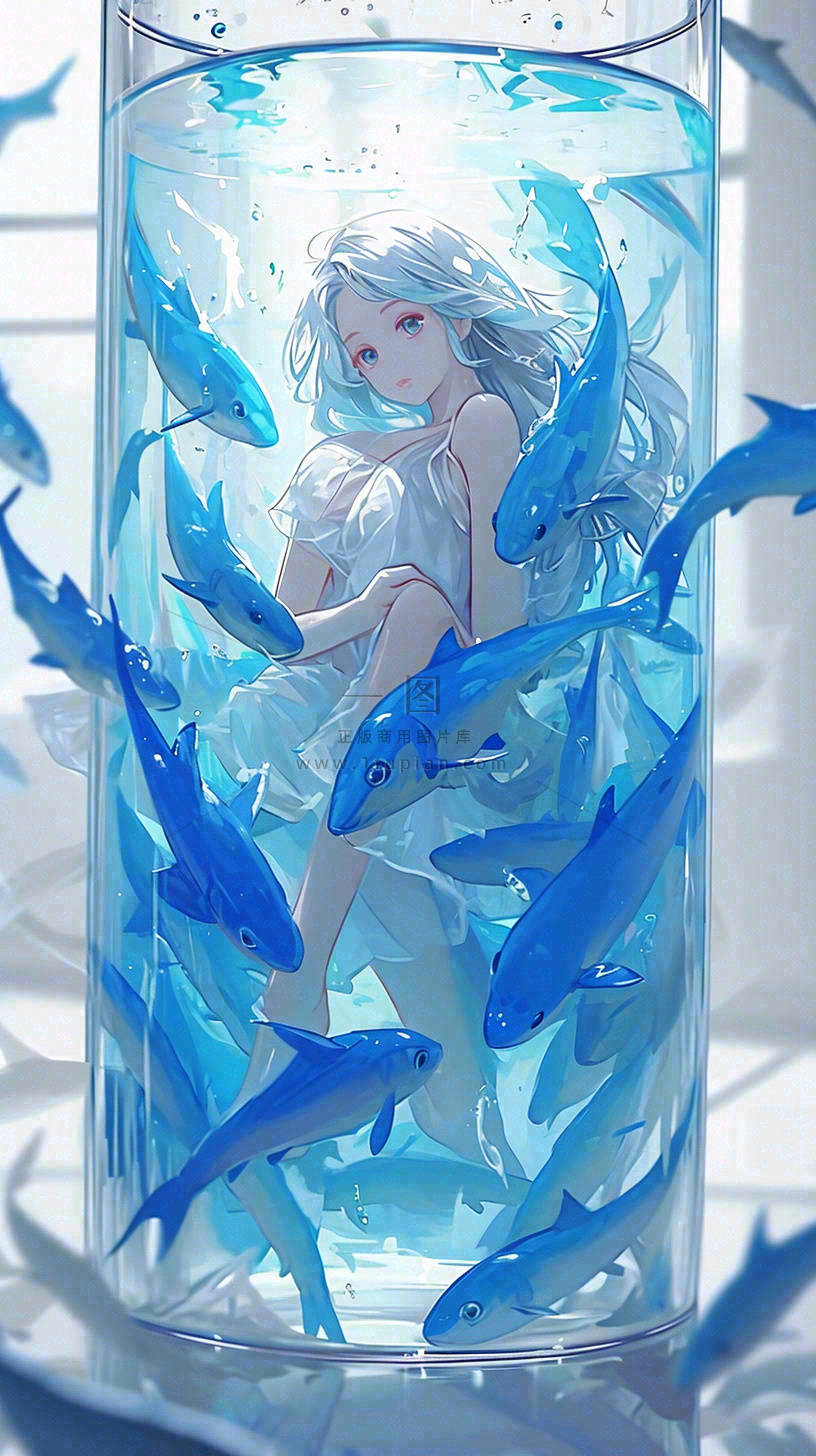 蓝色水面美人鱼,鱼类少女动漫漫画手绘插画