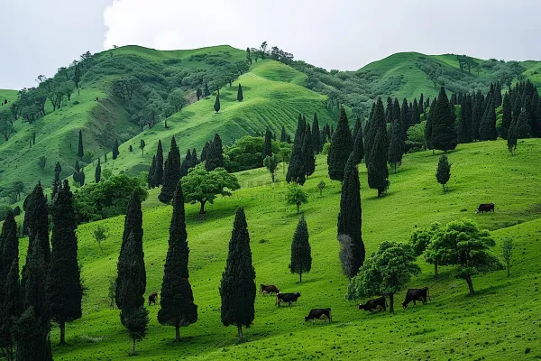 春天草甸山峦树木草地摄影图