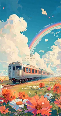 蓝天白云户外铁路草地彩虹手绘，色彩缤纷