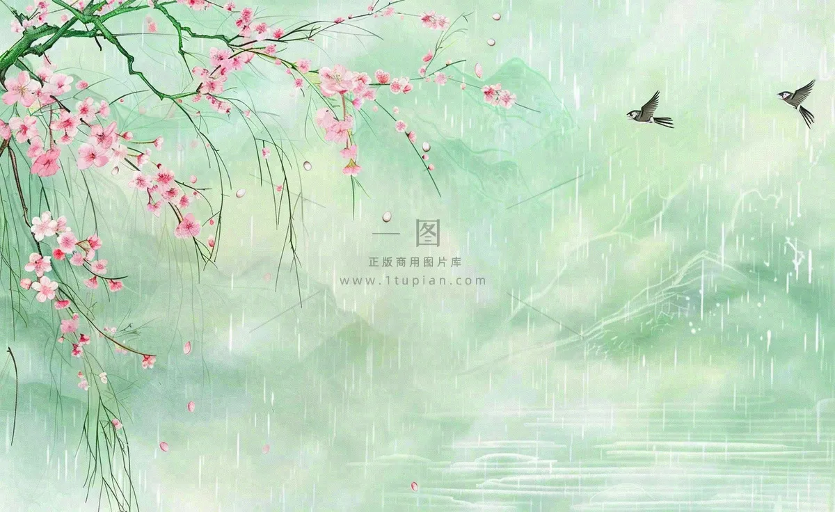 清明节春天桃花柳树燕子山水中国风古风雨水谷雨水墨插画背景