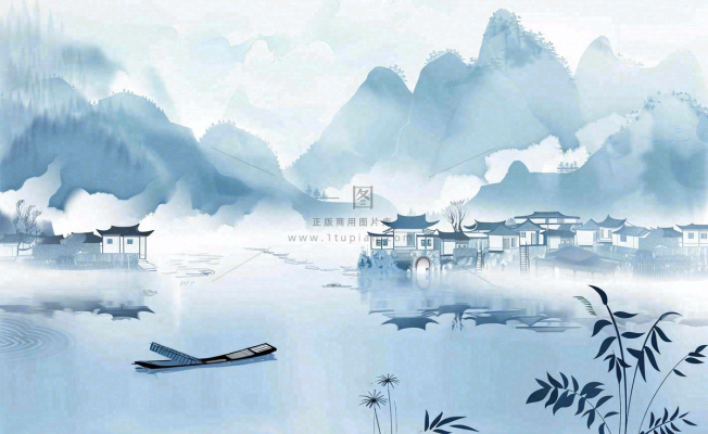 水墨山水江南水乡屋檐白露寒露冷清插画背景