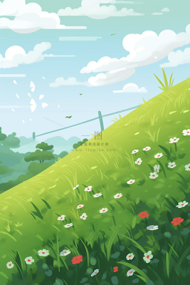 春天草坪草原绿叶花丛蓝天白云卡通插画背景
