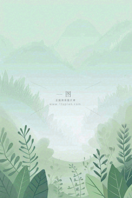 青绿山脉树木小草扁平插画手绘
