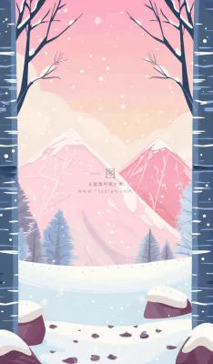 冬季白雪里森林的晚霞夕阳卡通插画小寒大寒立冬背景