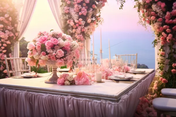 浪漫地中海婚礼粉色鲜花玫瑰梦幻浪漫摄影图