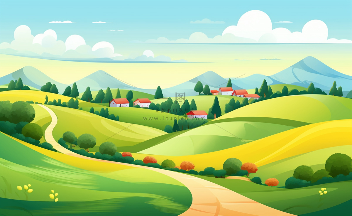 乡村村庄美丽风景河流插画农田插画背景